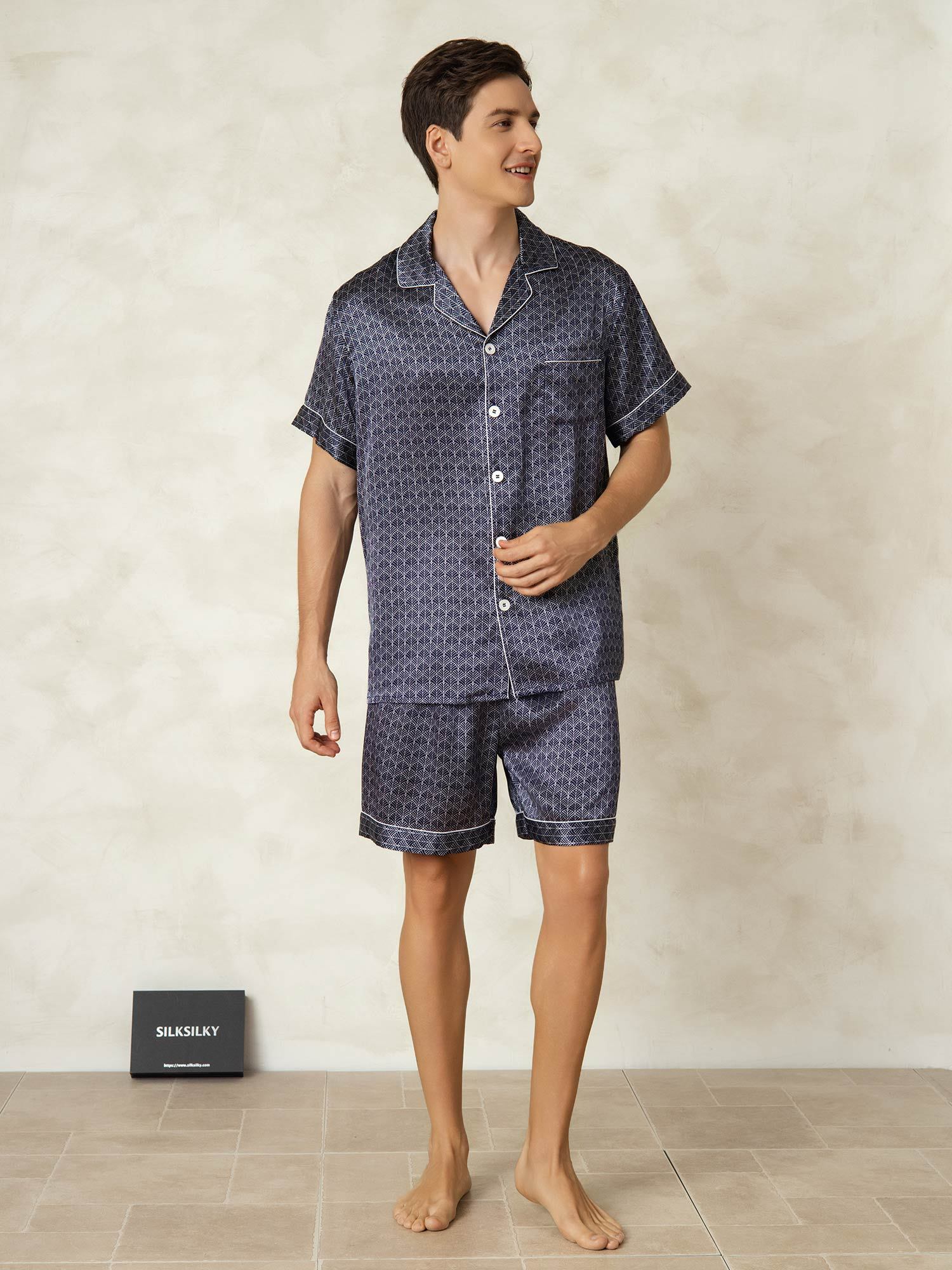 [NavyGinkgo] SilkSilky Pure Silk Lapel Collar Men's Pajamas 006