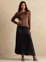 [Coffee] SilkSilky  100% Silk Jersey Long Sleeve Crew Neck Women's T-Shirt 008