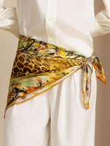 Leopard and floral pure silk scarf with bold color blocking, 90x90cm