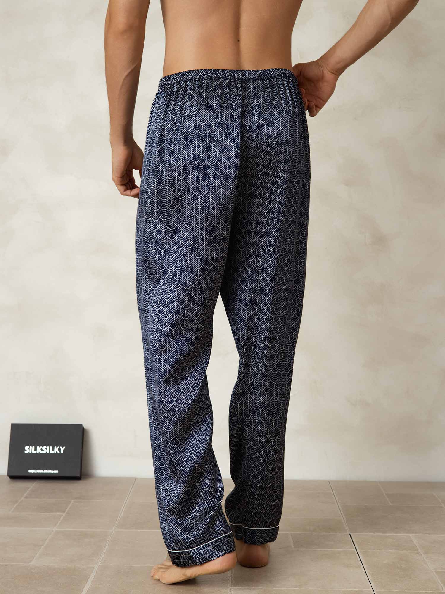 [Navy Ginkgo] SilkSilky  Pure Silk Mens Sleep Bottoms 002