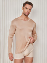 [Beige] SilkSilky  100% Silk Jersey Long Sleeve Round Neck Men's T-Shirt 001