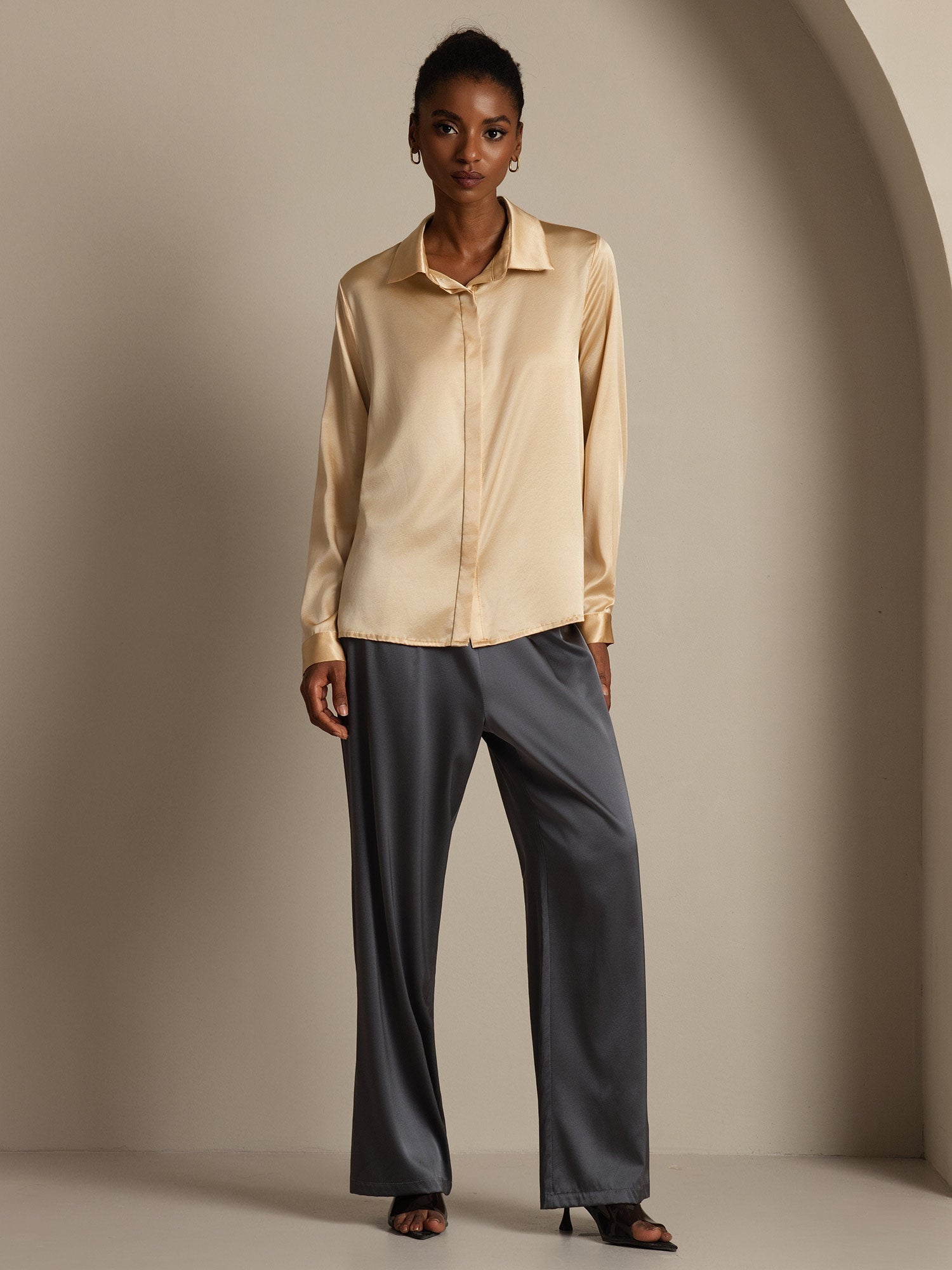 [Champagne] SilkSilky  19Momme Silk Long Sleeve Lapel Collar Women's Shirt 008