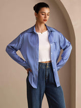[Blue Pinstripe] SilkSilky Long Sleeve Lapel Collar Women's Shirts 005