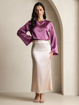 [Deep Purple] SilkSilky  19Momme Stretch Silk Charmeuse Long Sleeve Boat Neck Blouse 008
