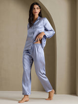 [Steel Blue] SilkSilky  Long Sleeve Lapel Collar Women's Pajamas 007