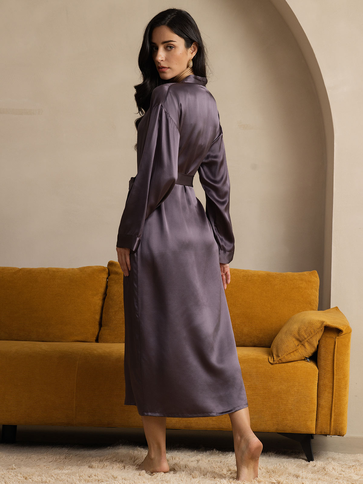 SilkSilky Women's 100% Silk Midi Robe for Bride / Bridesmaid, Purple Gray / XL(14)