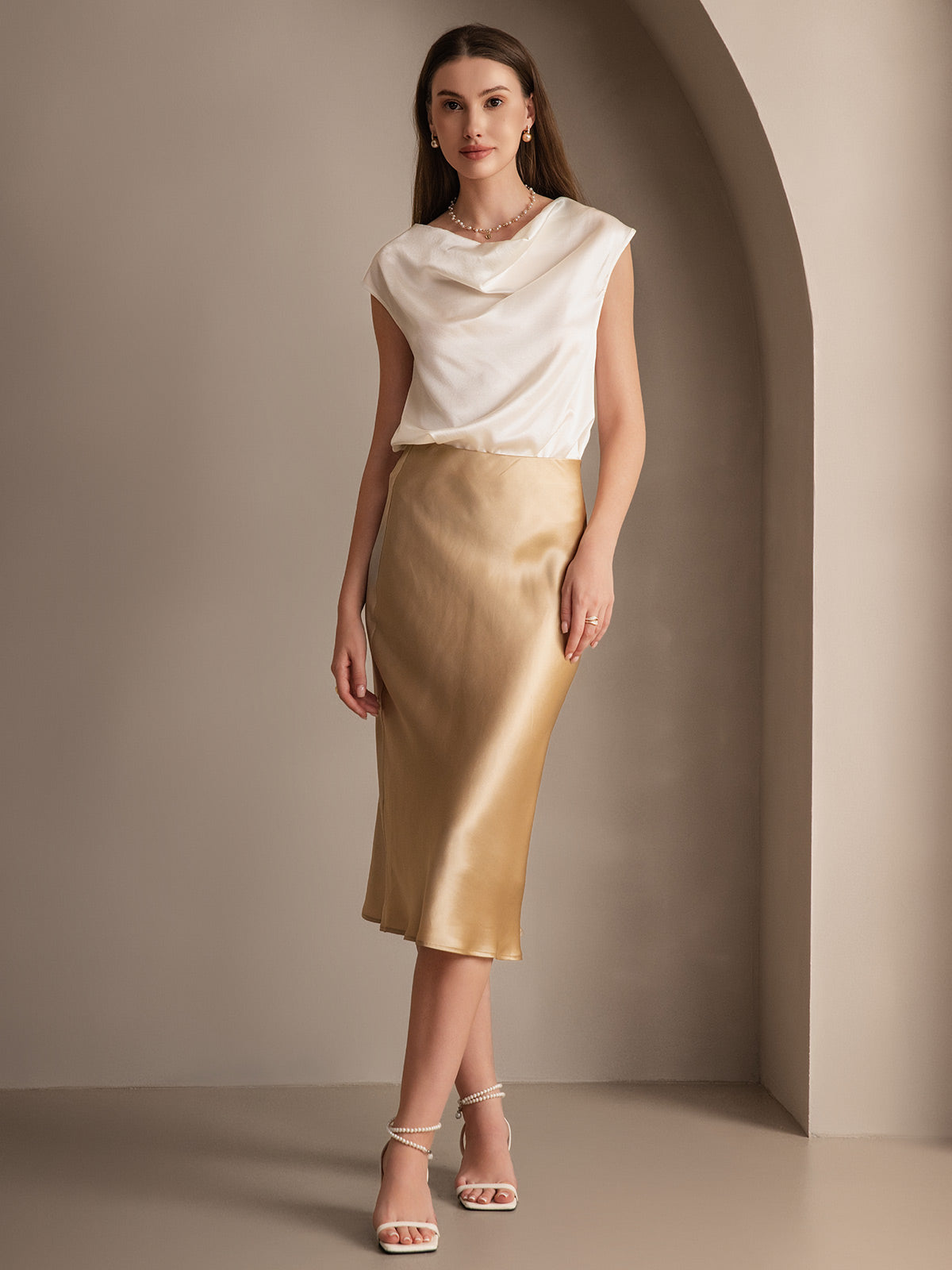 [Champagne] SilkSilky  19Momme Pure Silk Skirt 003