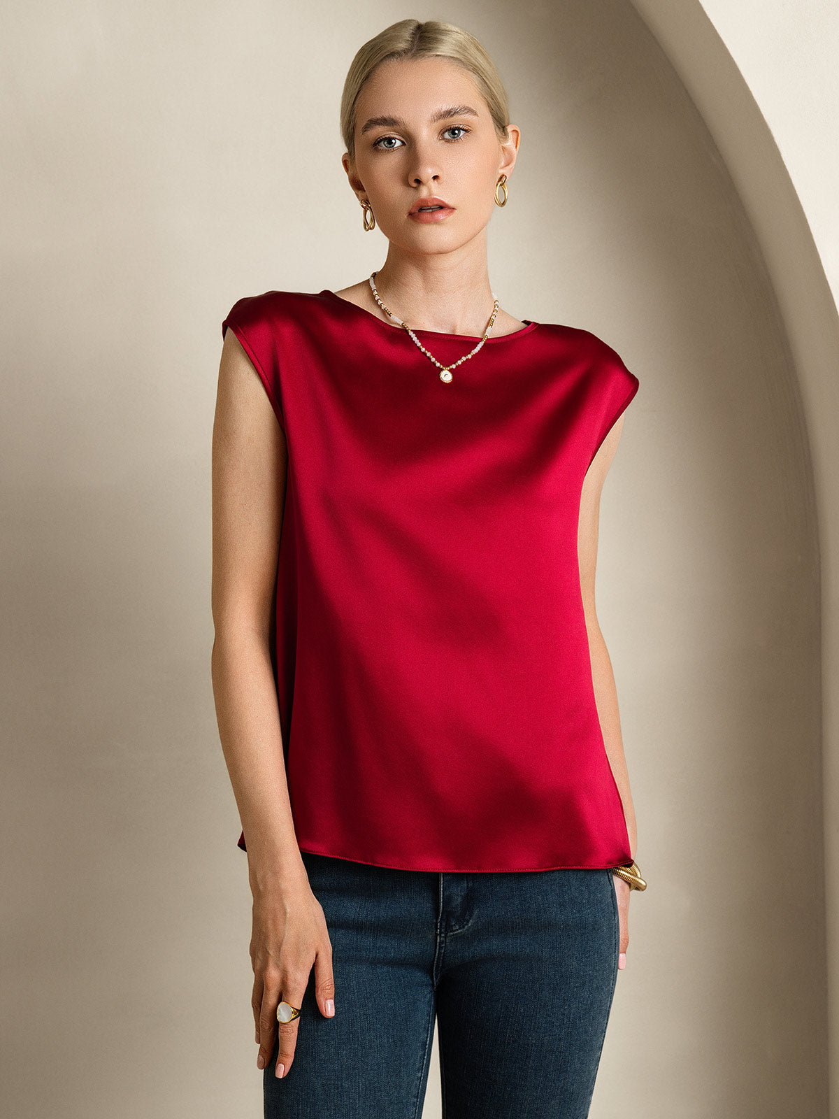 [Wine] SilkSilky  19Momme Silk Round Neck Women's T-Shirt 001