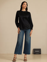 [Black] SilkSilky 19Momme Long Sleeve Round Neck Blouse 005
