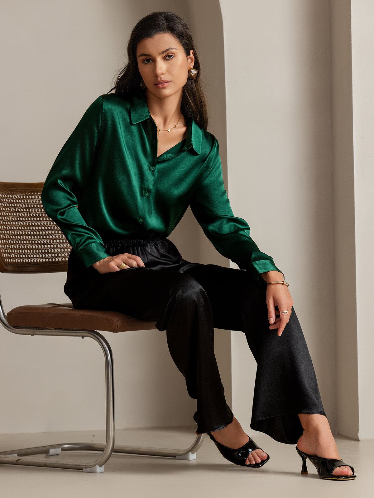 [Dark Green] SilkSilky  Silk Long Sleeve Lapel Collar Women's Shirt 001