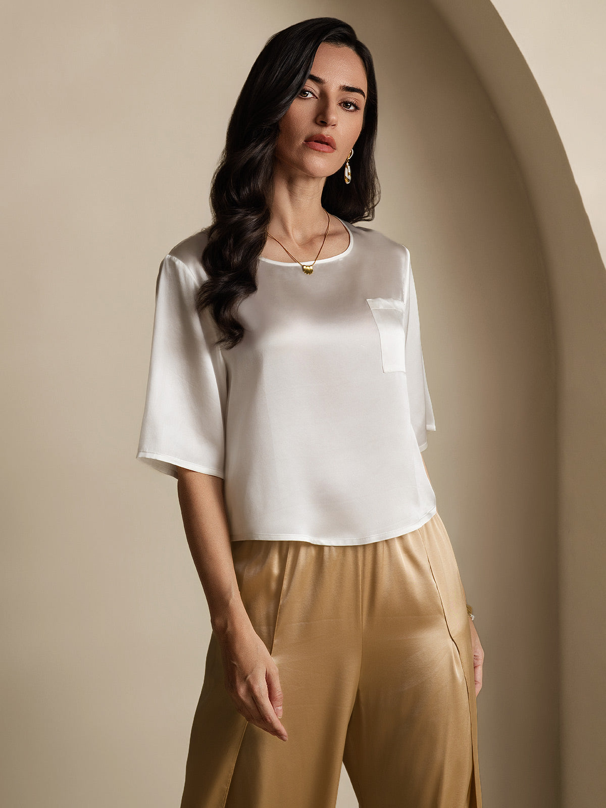 [White] SilkSilky  Pure Silk Boat Neck Women's T-Shirt 005