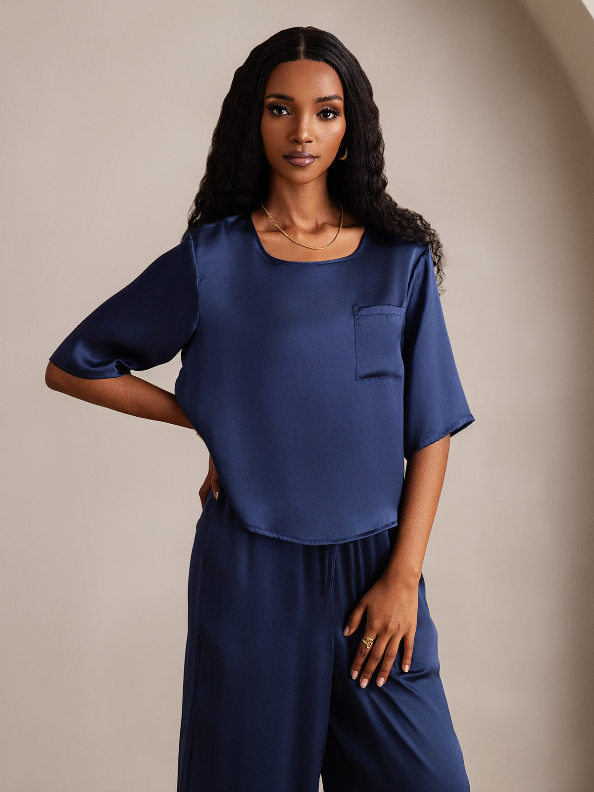 [Dark Blue] SilkSilky  Pure Silk Round Neck Women's Pajamas 007