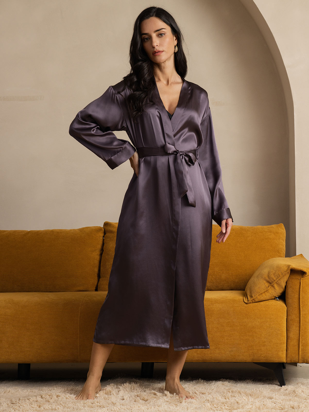 SilkSilky 100% Mulberry Silk Long Sleeve Midi Women's Robe, Purple Gray / XL(14)