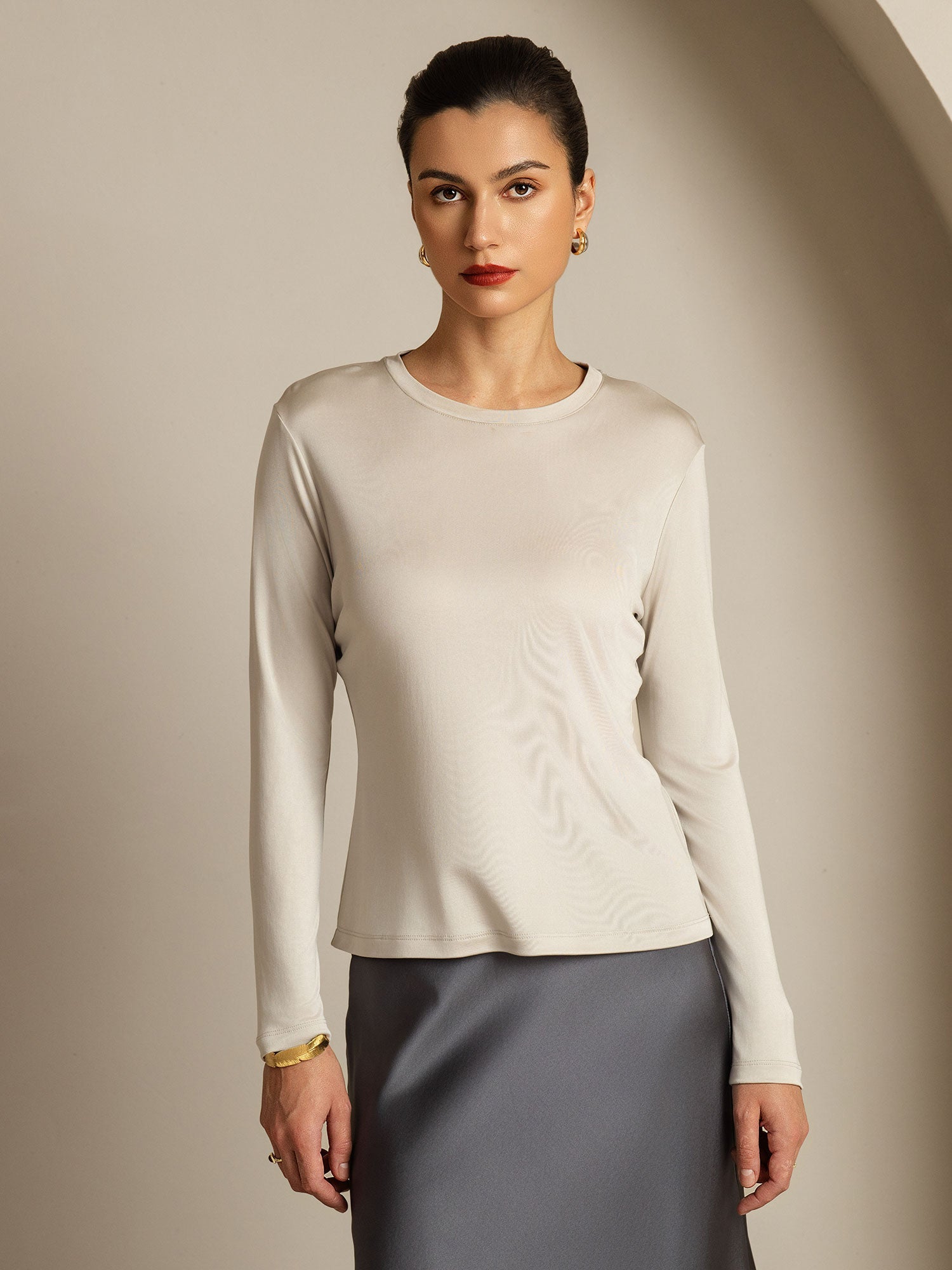 [Gray] SilkSilky  Pure Silk Womens T-Shirt 003,