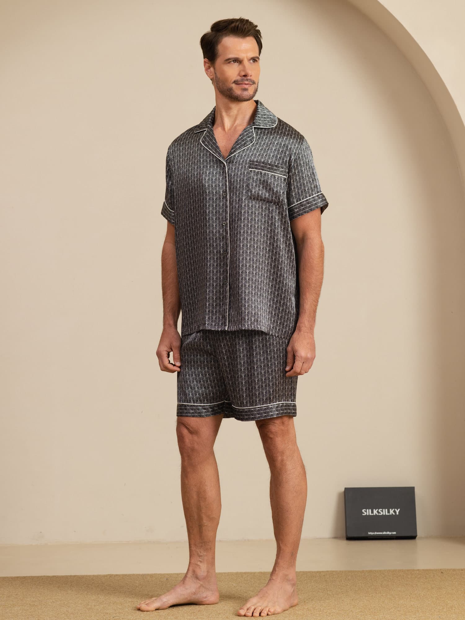 [Black Ginkgo] SilkSilky  Short Sleeve Notch Collar Men's Pajamas 004