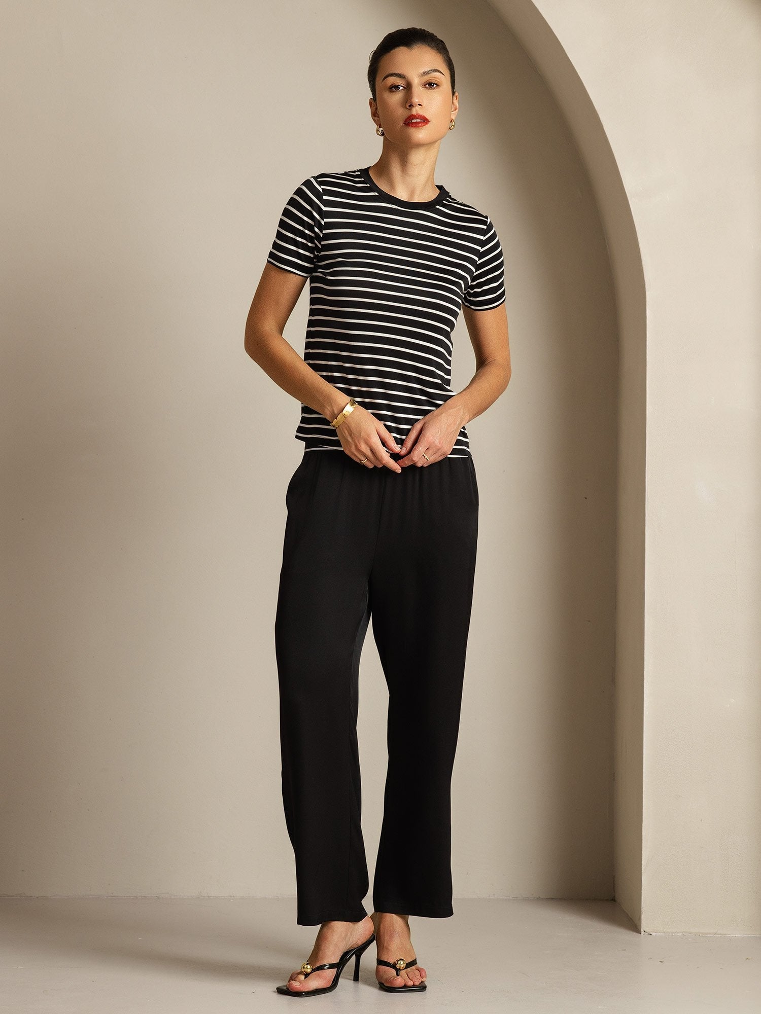 [BlackStripe] SilkSilky Pure Silk Crew Women's T-Shirt 008