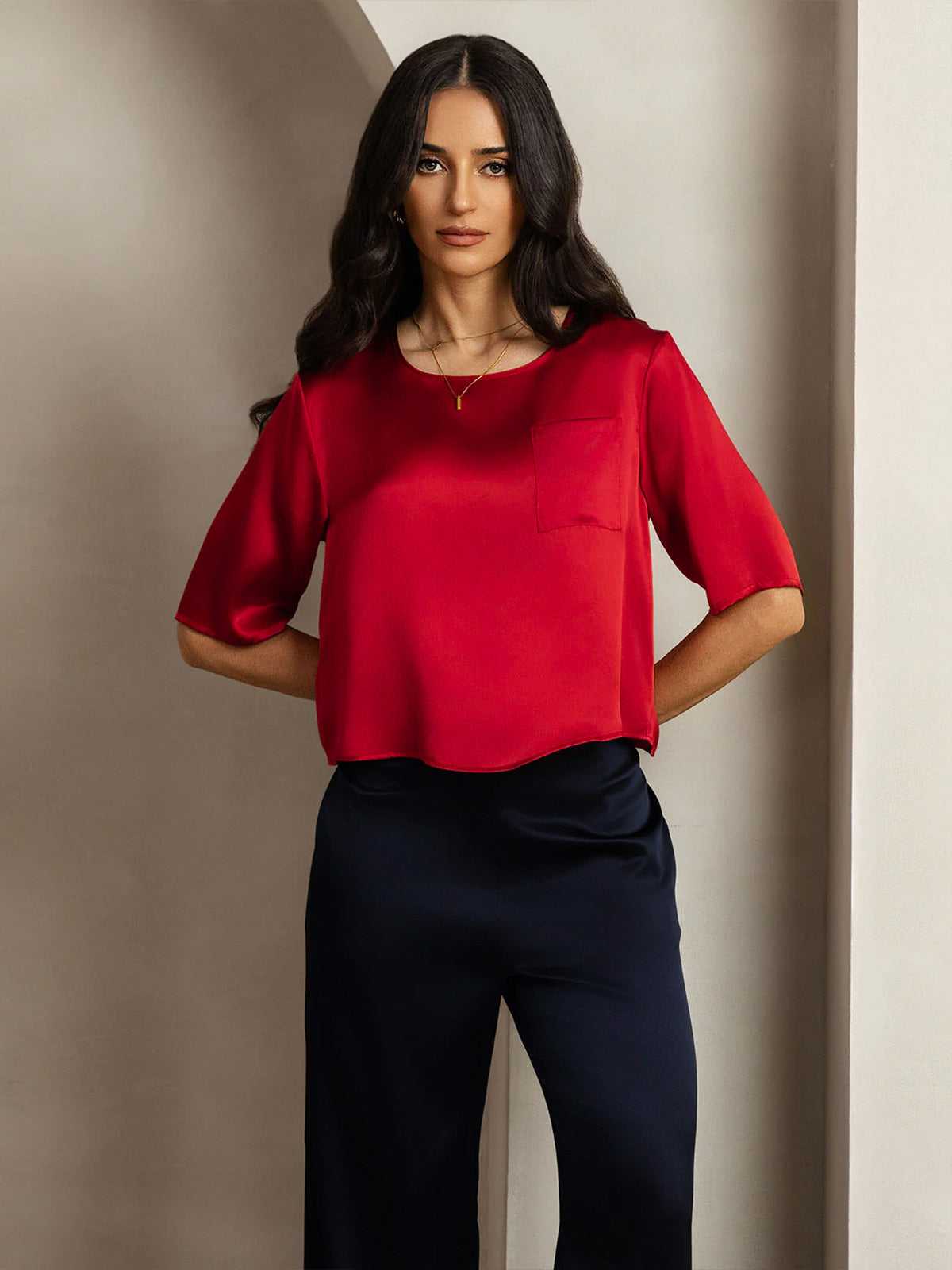 [Dark Red] SilkSilky  Pure Silk Boat Neck Women's T-Shirt 001