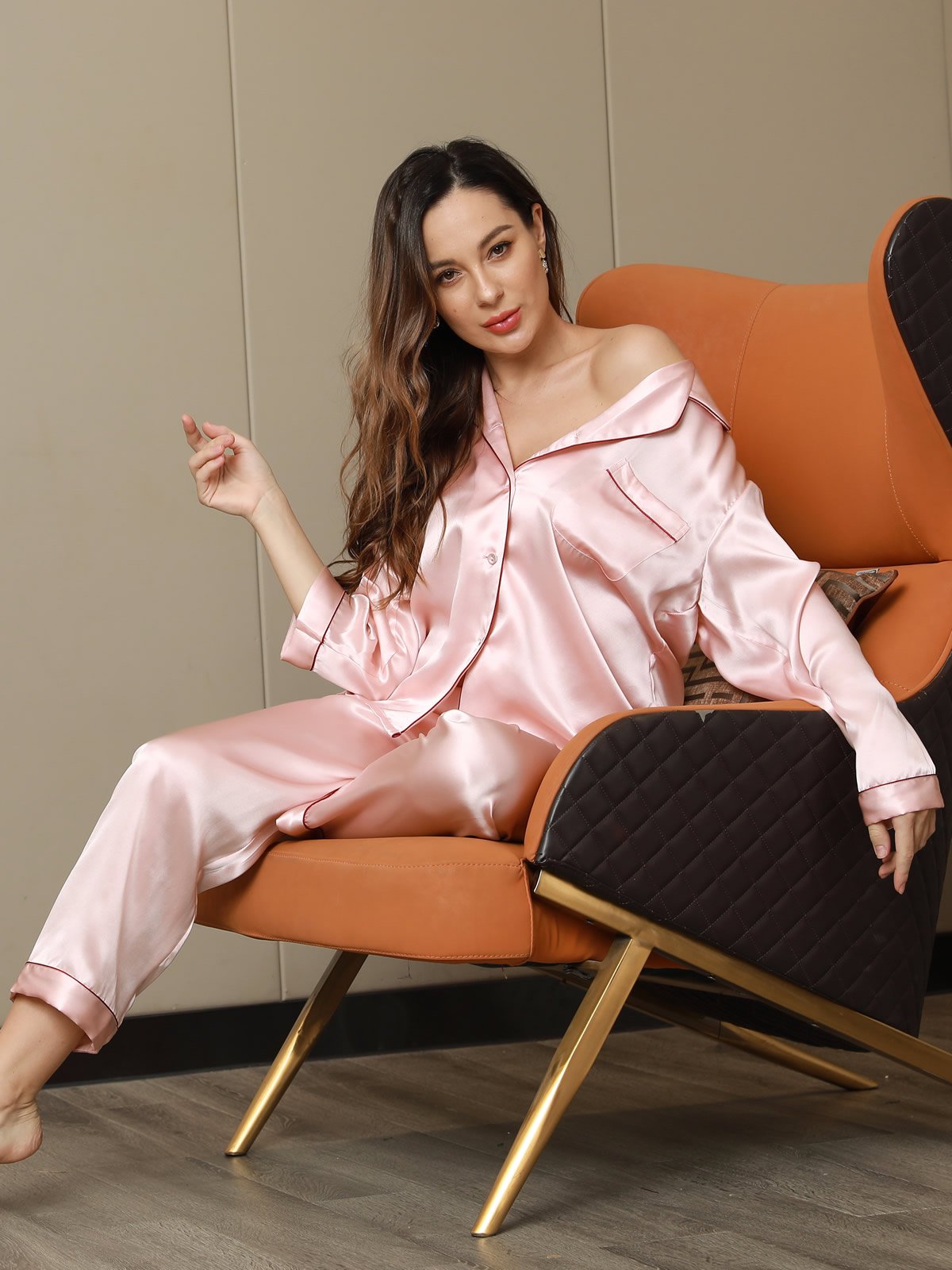 SilkSilky US Pure Silk Long Sleeve Lapel Women's Pajamas Pink 005