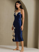 [Dark Blue] SilkSilky  Spaghetti Strap V Neck Nightgown 009