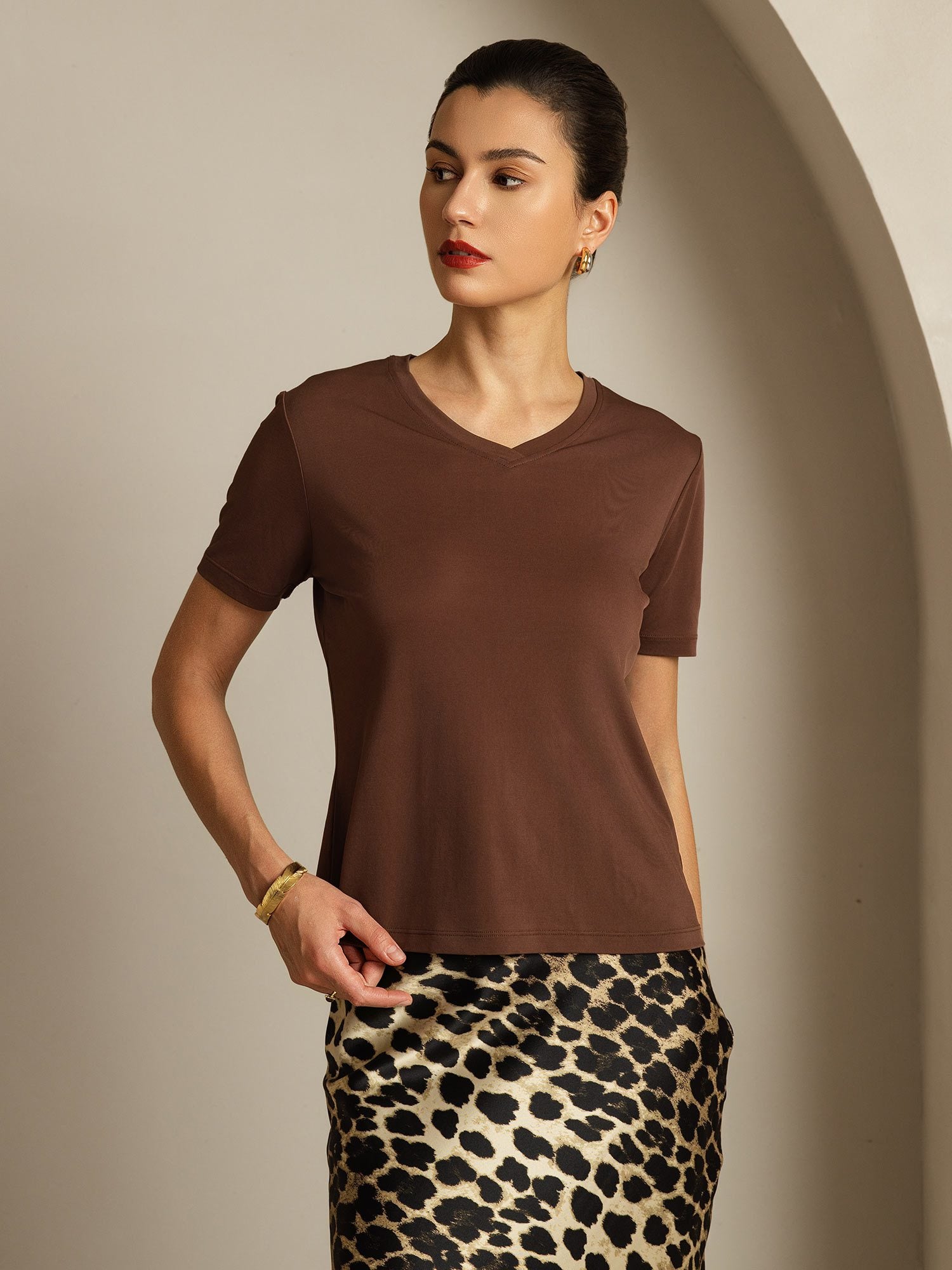 [Coffee] SilkSilky Pure Silk V Neck Women's T-Shirt 007