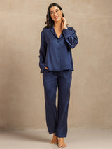 [Dark Blue] SilkSilky  19Momme Machine-Washable Silk Long Sleeve Notch Collar Women's Pajamas 003