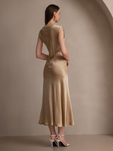 [Champagne] SilkSilky  19Momme Stretch Silk Charmeuse Cap Sleeve Scoop Neck Dress 002