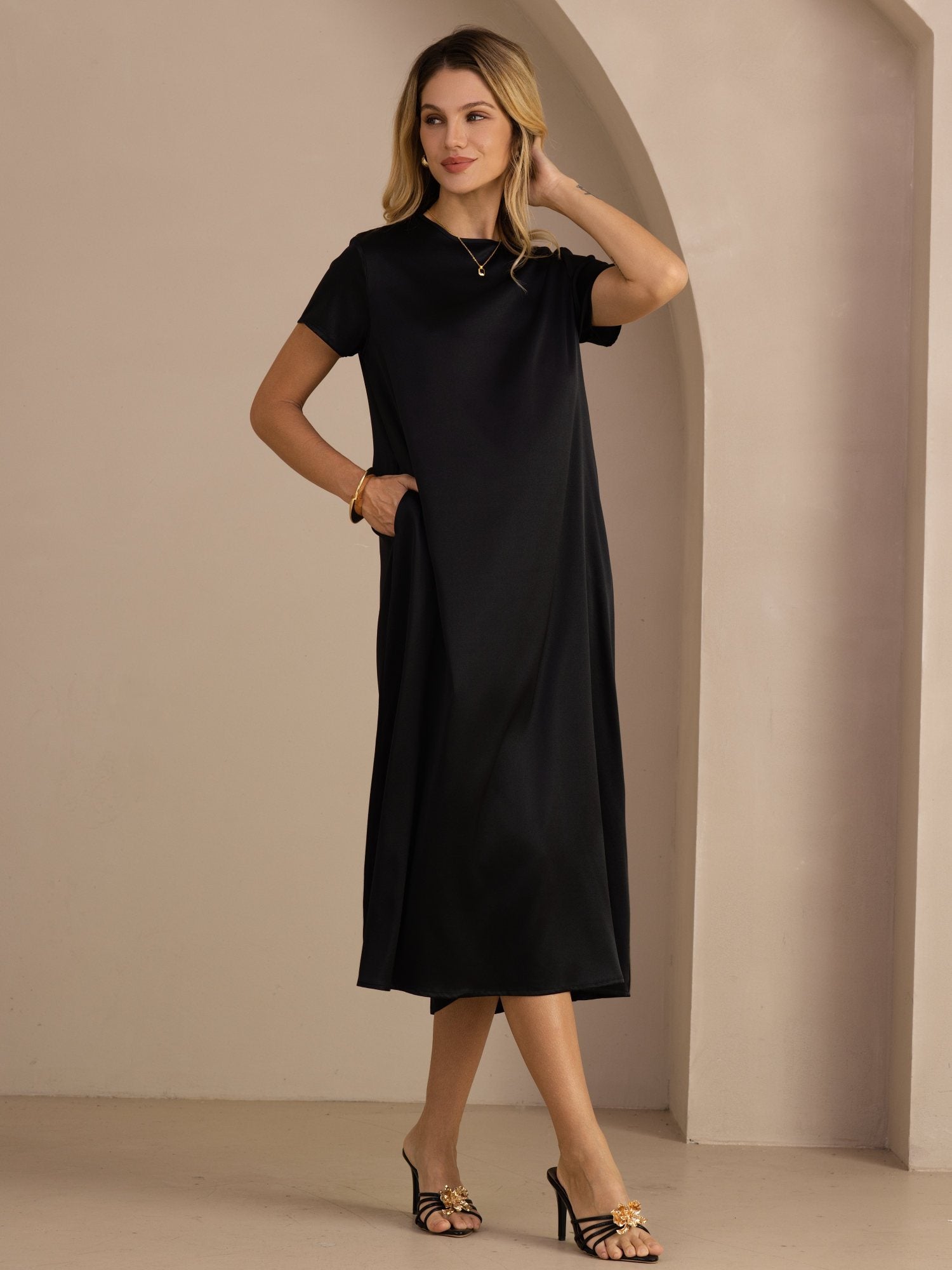 silk midi dress short sleeve Women's Black Satin Short Sleeve Midaxi Dress