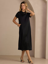 [Black] SilkSilky Short Sleeve Round Neck Dress 004