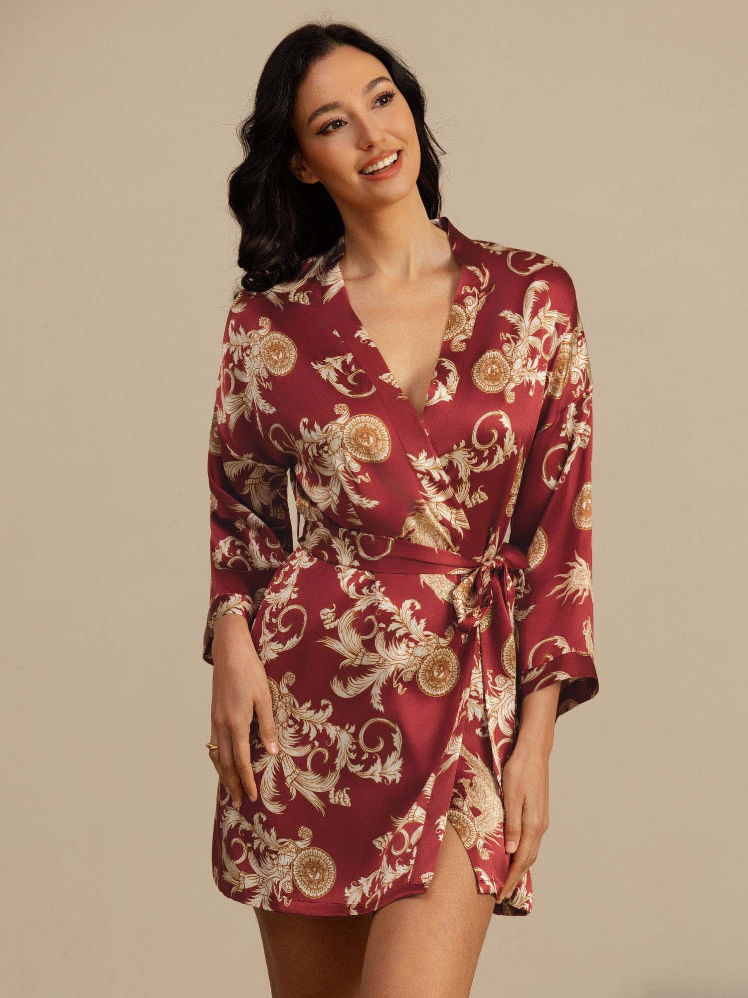 [Wine Dragon] SilkSilky  3/4 Sleeve V Neck Women's Robe 003