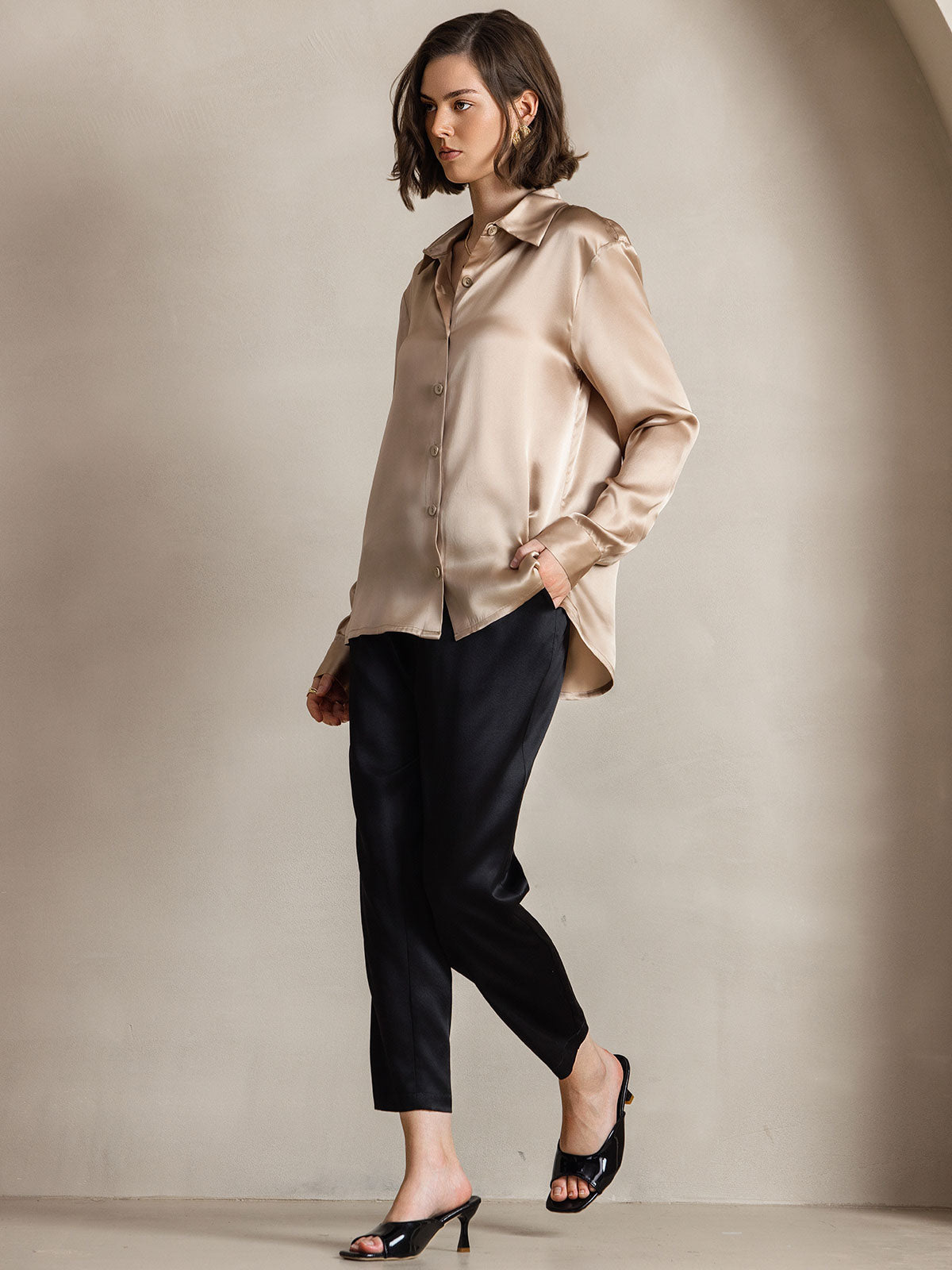 [Champagne] SilkSilky  Silk Lapel Collar Women's Shirt 007