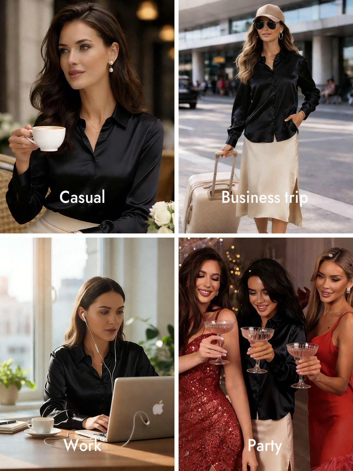 [Black] SilkSilky  Silk Long Sleeve Lapel Collar Women's Shirt 009