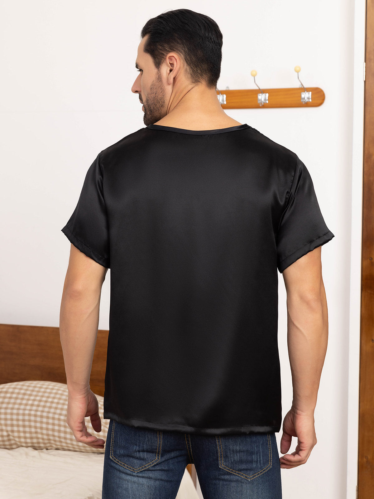 SilkSilky US Pure Silk Short Sleeve Round Neck Men's T Shirt Black 002