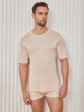 SilkSilky  Silk Knitted Short Sleeve V Neck Men's T-Shirt Beige 004