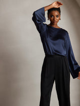[Dark Blue] SilkSilky  19Momme Stretch Silk Charmeuse Long Sleeve Boat Neck Blouse 005