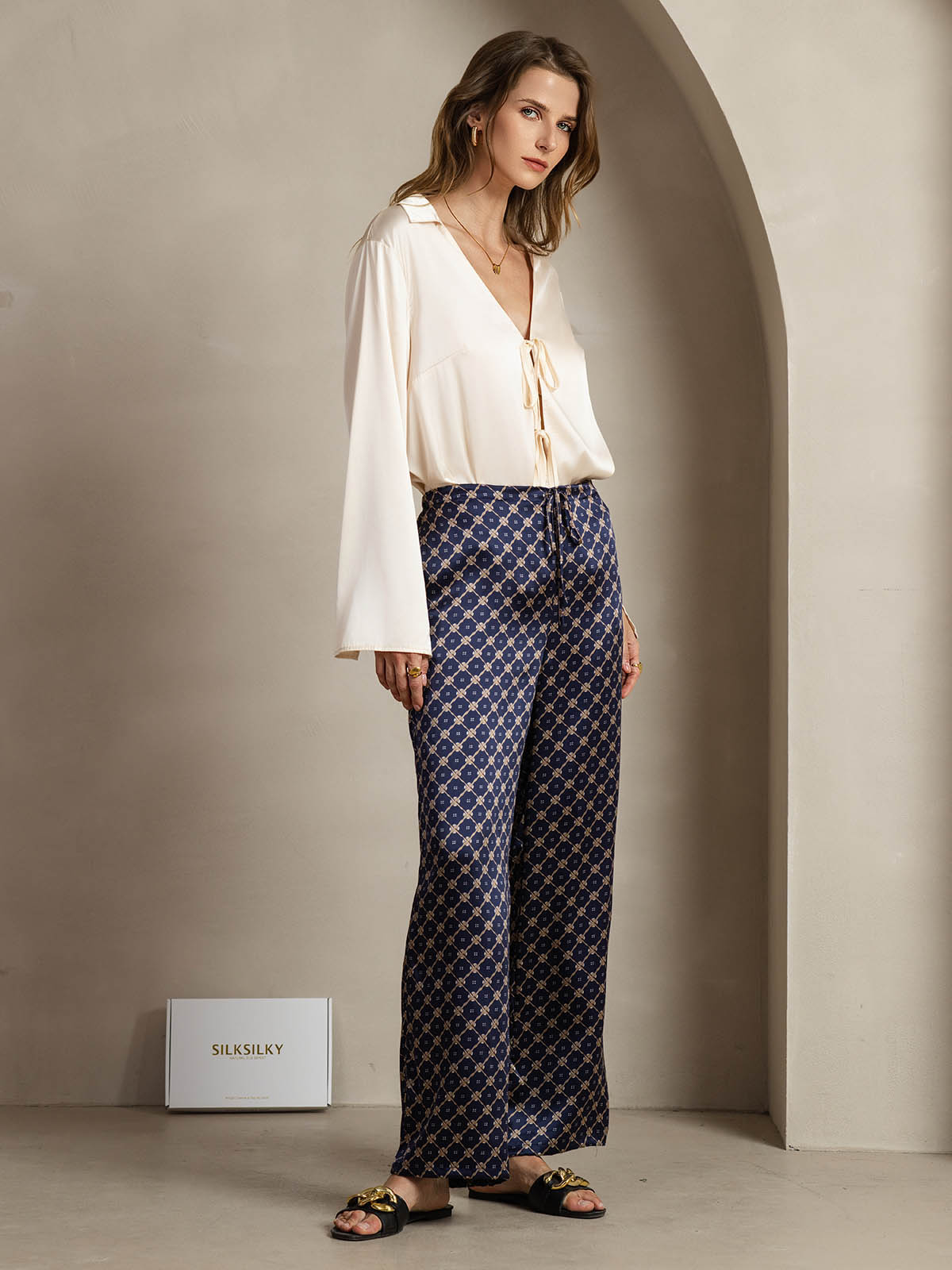 [Navy Chain] SilkSilky  19Momme Silk Womens Pants 004