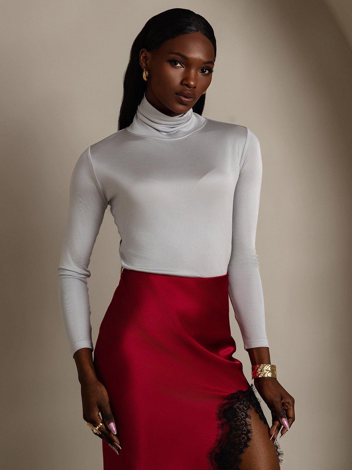 [Light Gray] SilkSilky  Silk Long Sleeve High Neck Women's T-Shirt 001