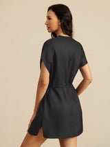 [Black] SilkSilky 18Momme Silk Satin Surah Cap Sleeve Henley Neck Dress 002