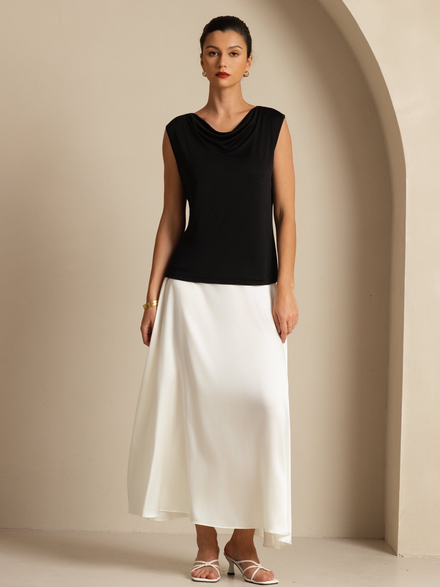 [Black] SilkSilky Silk Sleeveless Cowl Neck Women's T-Shirt 007