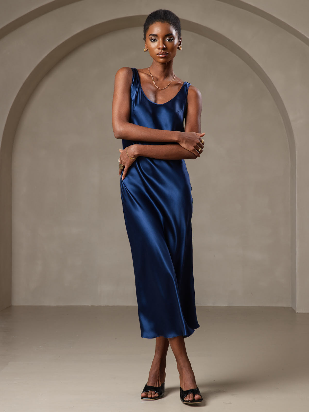 [Dark Blue] SilkSilky  Pure Silk Boat Neck Dress 001