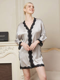 SilkSilky US Pure Silk 3/4 Sleeve V Neck Nightgown Silver 002