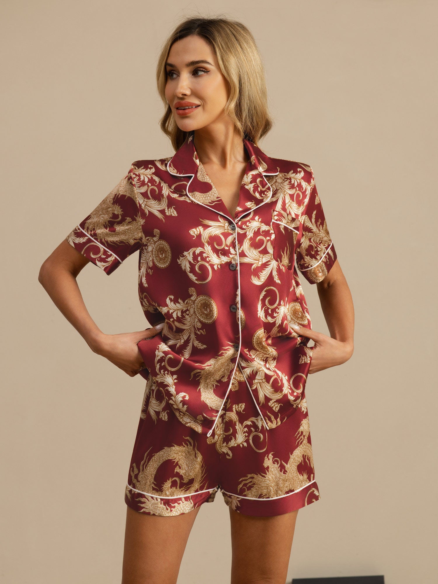 [Wine Dragon] SilkSilky  Short Sleeve Notch Collar Women's Pajamas 003