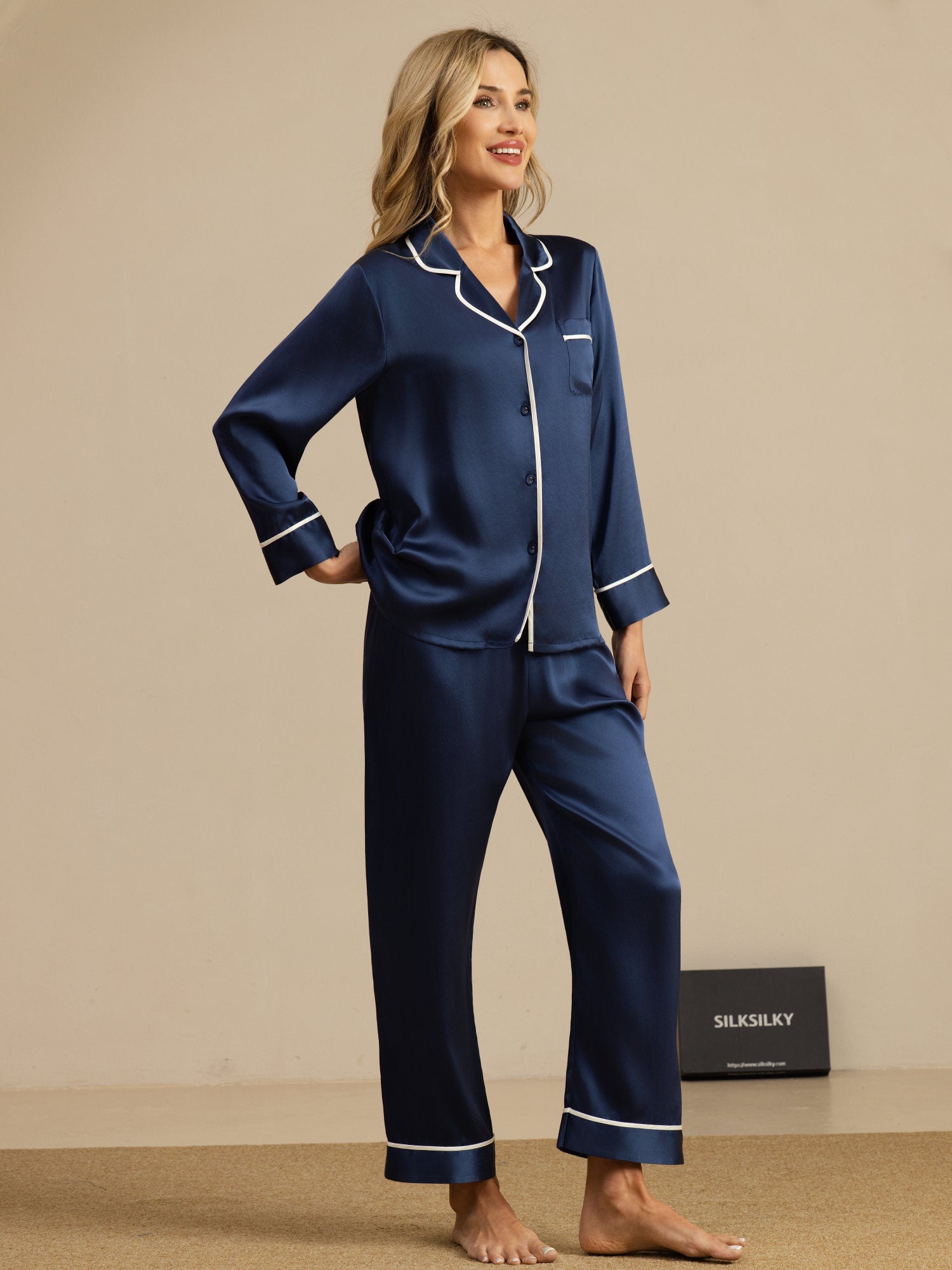 [Dark Blue] SilkSilky  Long Sleeve Notch Collar Women's Pajamas 007