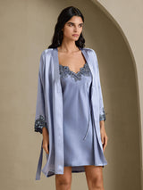 [Steel Blue] SilkSilky  3/4 Sleeve V Neck Nightgown&Robe Set 003