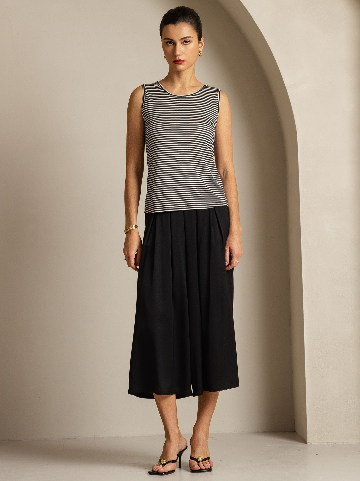 [White Stripe] SilkSilky  Silk Sleeveless Round Neck Camisole Top 006