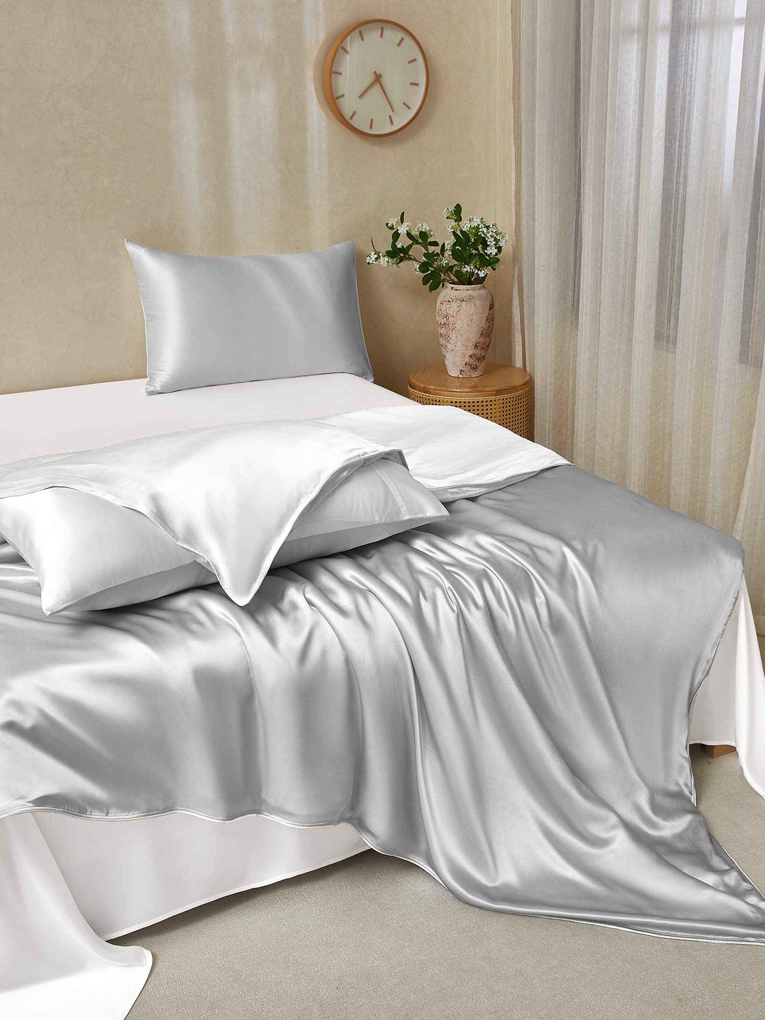 [LightGray+White] SilkSilky  25Momme Pure Silk Bedding Set 003,