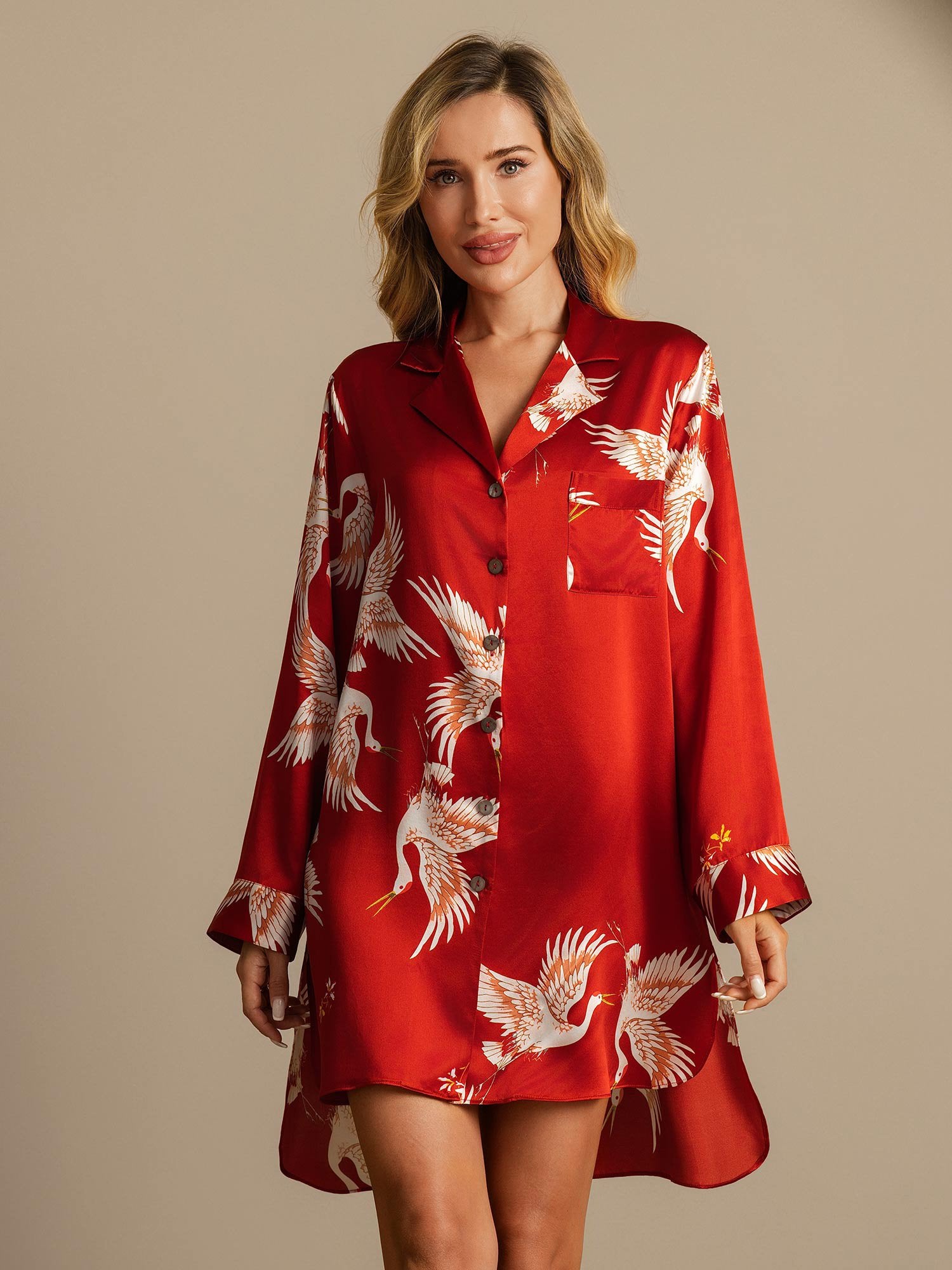 [DarkRed] SilkSilky 19Momme Pure Silk Notch Collar Nightshirt 003