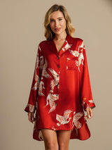 [Dark Red] SilkSilky  19Momme Long Sleeve Notch Collar Nightshirt 003