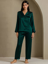 [Dark Green] SilkSilky  Long Sleeve Lapel Collar Women's Pajamas 006