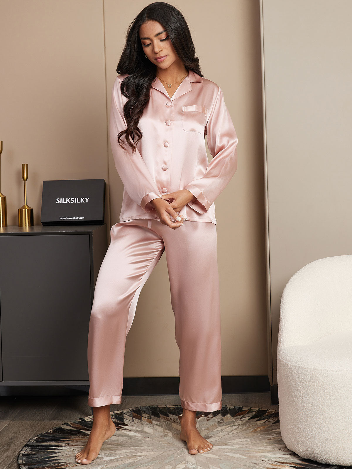 SilkSilky US Pure Silk Long Sleeve Lapel Women's Pajamas Pink 004