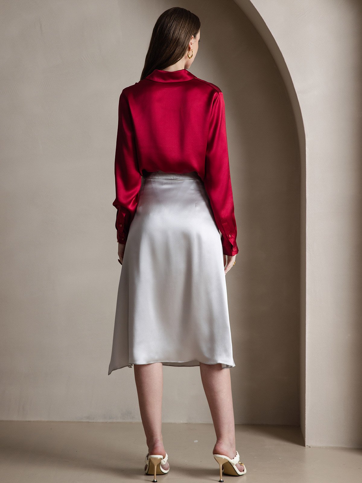 [Wine] SilkSilky  19Momme Silk Long Sleeve Lapel Collar Women's Shirt 004